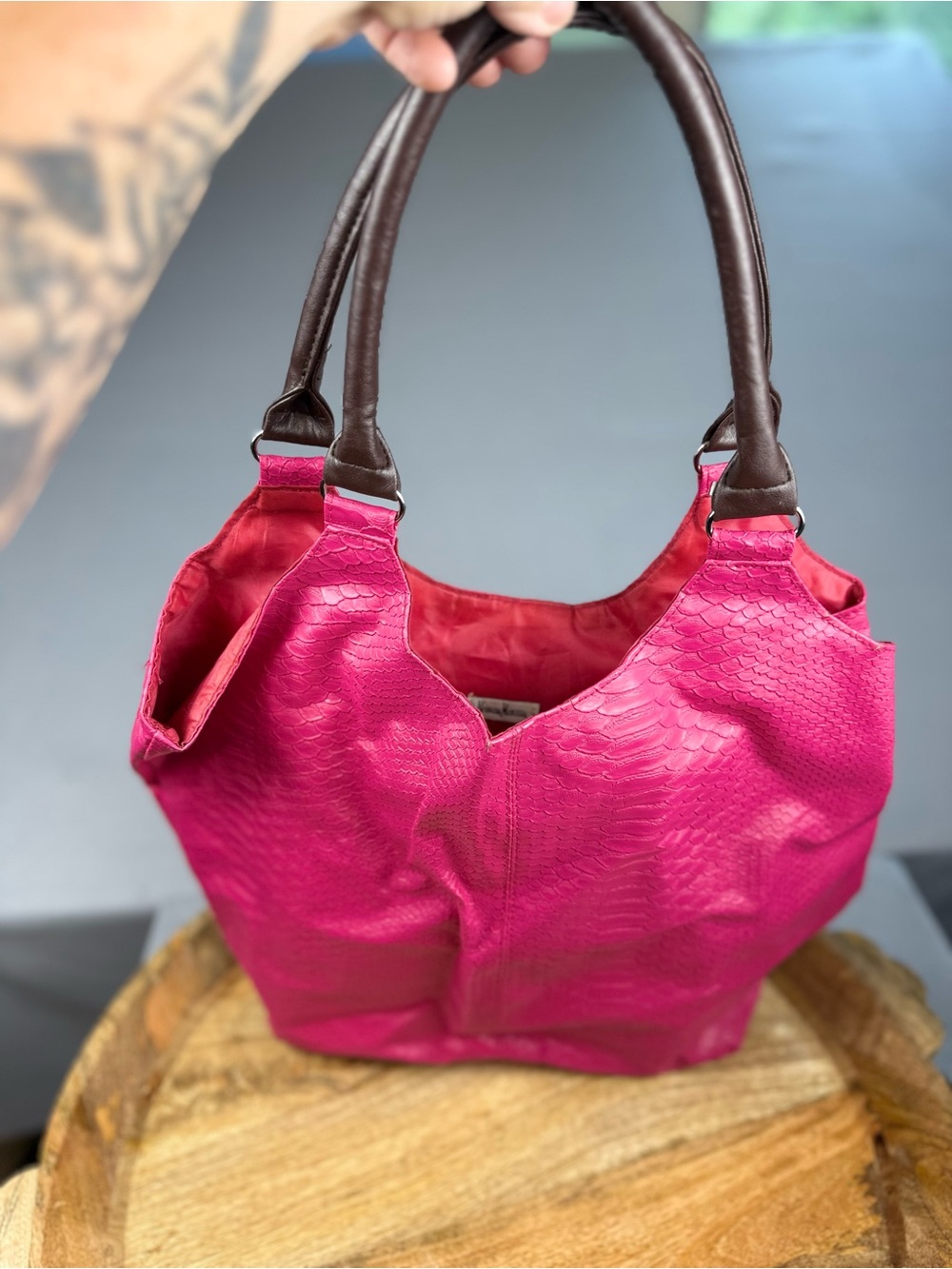 Neiman Marcus Hot Pink Snake Embossed Tote Barbiecore Purse